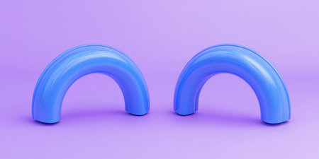 3D render of simple two blue twisted semi-circular shapes on a purple background, minimalistic design, sleek and modern aesthetic, 2D illustration style, simple and clean lines, vibrant colors, high resolution, no shadows, smooth textures, no text or symbols, professional quality. --ar 2:1 --v 6.1 Job ID: ae9c1e3c-7b36-4ba0-88c4-cd2516700e5cの素材