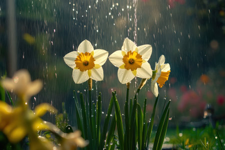 A photograph of three daffodils in the foreground, being watered by rainwater pouring from above, in an expansive garden with tall grasses and other flowers. Sunlight shines through the misty raindrops on them, creating a soft bokeh effect. The shot is close-up, using natural light, resulting in vibrant colors and high resolution. --ar 3:2 --v 6.1 Job ID: 29501327-236a-40b0-ae8e-c1759090f36bの素材