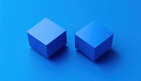 Minimalist blue isometric icon of two floating cubes, 3D render, centered composition, on a solid background. --ar 26:15 --v 6.1 Job ID: ec83ffbc-0c90-4a7b-974b-1ce24382ab53の素材