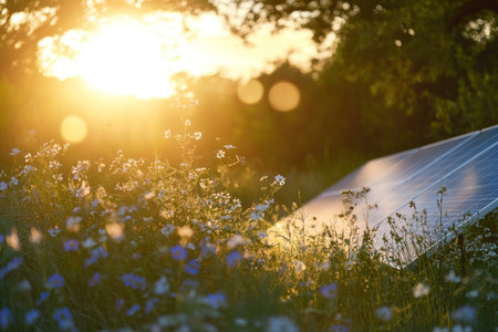 A close-up shot of solar panels in an open field, with the sun setting behind them and casting long shadows on the ground, surrounded by lush greenery and wildflowers. The focus is sharp, highlighting intricate details like the texture of the panel surface and vibrant colors of nature. This photo captures the harmony between technology and natural beauty, symbolizing sustainable energy development. Captured using a Nikon D850 DSLR camera, with a wide-angle lens at an aperture of f/4 and an ISO speed of 200 for fine detail capture. --ar 3:2 --v 6.1 Job ID: 6e510b7f-06cc-484f-9cfa-d3f8abd44703の素材