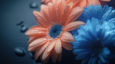 A close-up of colorful flowers with water droplets on them, such as orange and pink gerbera daisies or blue chrysanthemums, are arranged in the foreground. The background is dark gray, creating a contrast between lightness and darkness. This photo was taken using a Canon EOS R5 camera and has a shallow depth of field. It's perfect for adding text to create personalized birthday cards. --chaos 30 --ar 16:9 --v 6.1 Job ID: ac2e4878-e888-494c-a808-604a6dd6d916の素材