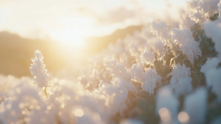 A close-up of frozen flowers and plants in the grass at sunrise, with frost on their leaves. The sun is rising behind them, casting long shadows across an open field. In sharp focus, these ice-covered blooms stand out against the soft hues of dawn. --chaos 30 --ar 16:9 --v 6.1 Job ID: 11278119-ba4e-4a35-bbc4-8b2b902d66b3の素材