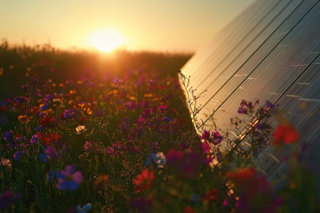 A close-up shot of solar panels in an open field, with the sun setting behind them and a vibrant green landscape filled with wildflowers. The sunlight casts long shadows on the panels' surfaces, creating intricate patterns that highlight their sleek design. This scene captures the beauty of nature and modern technology working together to generate clean energy. --ar 3:2 --v 6.1 Job ID: 013e51e1-6f3a-45fb-97da-2142dd627876の素材