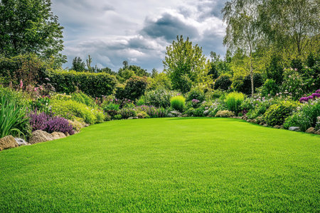 A large, green lawn with various trees and shrubs in the background under a cloudy blue sky. There are also some flowers on one of the plants. The garden has multiple layers and different types of plants such as grasses, perennials, and flowers in the style of Carbonell. --ar 3:2 --v 6.1 Job ID: f718cfca-7d9b-4fe7-9058-340b5fe3bcefの素材