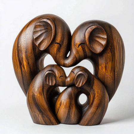 A family of three elephants made from solid wood, with one adult and two baby elephants. The animals have dark brown wooden skin with grain patterns visible on their bodies. They stand in an embrace, forming the shape of a heart symbol. The background is white, highlighting the contrast between the natural texture of the wood and its soft curves. This sculpture embodies love and unity among wildlife, in the style of the artist. --v 6.1 Job ID: 01e4ed2e-c831-4eb7-8274-12cf3c257f3bの素材