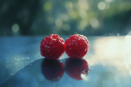 Rokeby casts light on two raspberries, with a blurred background. --ar 3:2 --v 6.1 Job ID: 19a146c3-eb50-4b80-ab62-4c470542afdbの素材