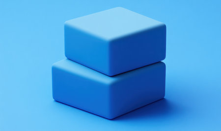 Two blue squares stacked on top of each other, simple background, simple shapes, minimalistic, 3D render, Octane render, isometric style, bright blue color palette, solid blue gradient background, low poly, no shadows, symmetrical composition, high resolution, hyperrealistic --ar 5:3 --v 6.1 Job ID: 4c3f5203-8819-46e5-9a0e-8489bf1052f7の素材