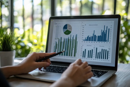 Close-up of a woman's hands using a laptop and pointing with a pen at the screen in an office, working on a project together. The female worker is discussing a business plan or data analysis with a colleague sitting nearby. The focus is on the close-up of the hands, with a blurred background showing the window light from outside. This is a stock photo, with ultra-realistic photography. --ar 3:2 --v 6.1 Job ID: 2682a7dd-f091-4bff-8577-0e02e438c9e4の素材