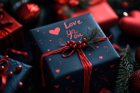 Photo of a black gift box wrapped in red paper with a heart pattern and the text "I Love You" on it, against a dark background, surrounded by other gifts, with small pine berries on top, creating a romantic Valentine's Day mood, close-up shot, studio lighting, cinematic. --ar 128:85 --v 6.1 Job ID: 712e4e48-fd28-4c3e-8c67-63ffbf7392ffの素材