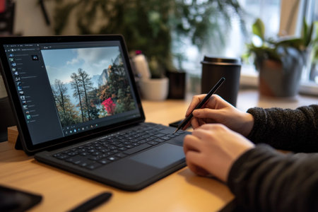 A person is sitting at an office desk, typing on their laptop computer and holding the pen of their tablet with one hand while holding a cup of coffee in the other. The background is blurred to focus attention on them working. They are wearing casual attire and appear focused as they create digital content or work from home online. There is also some tech equipment visible around the table, indicating use for design and creative tasks. --ar 3:2 --v 6.1 Job ID: 015db2d8-15b7-44e1-a01d-eddee583f9ddの素材