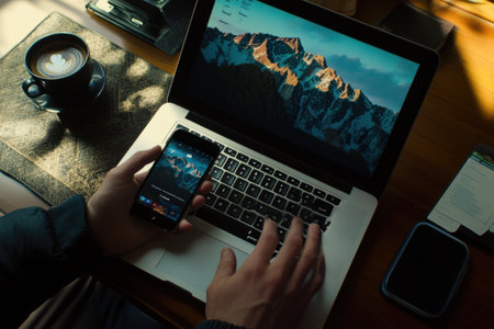 A person holding an iPhone, with one hand on the keyboard of their laptop and another cup of coffee beside them, working at home in daylight. The focus is on the hands operating both devices, creating depth and realism. --ar 3:2 --v 6.1 Job ID: 2308e63b-87cb-4601-b2c9-82aadd72f06cの素材