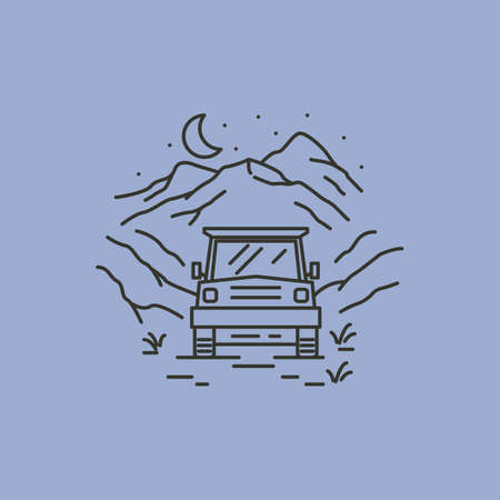 vintage off road car line art logo vector symbol illustration design, adventure trip logoのイラスト素材
