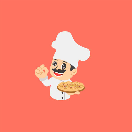 mustache chef holding pizza cartoonのイラスト素材