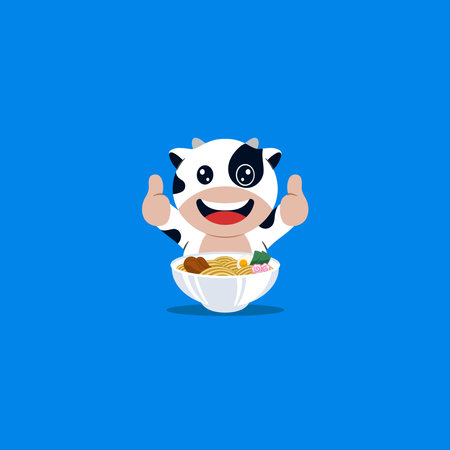 Cute cow eat ramen cartoonのイラスト素材