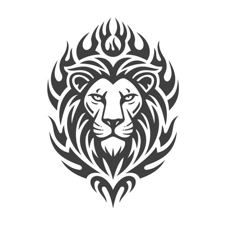 Lion Face and Flame Tribal Tattoo Style Illustration Vector Templateのイラスト素材