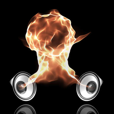 black audio system with fiery sound waves forming fire ballの写真素材