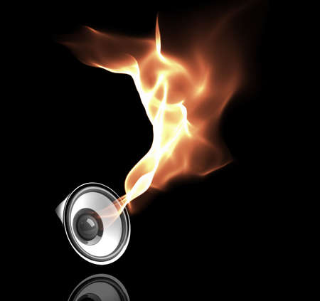 black speaker with fiery sound wavesの写真素材