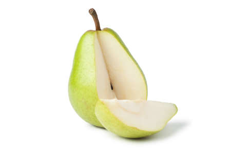 sliced fresh juicy pear isolated over white backgroundの写真素材