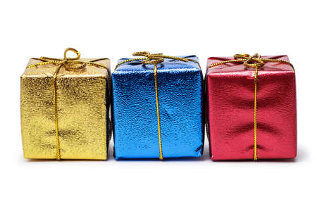 colorful present boxes isolated over white backgroundの写真素材