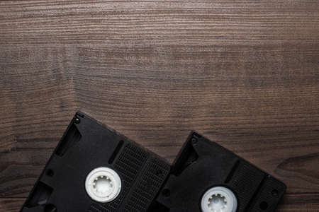 old retro video tape on the wooden の写真素材