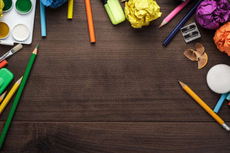 school supplies with copy space on the tableの写真素材