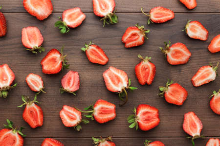 fresh strawberries on the brown wooden tableの写真素材