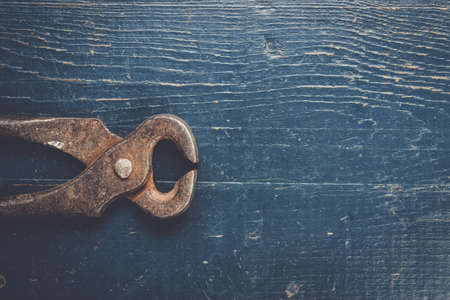 old rusty tongs on blue wooden backgroundの写真素材