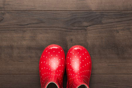 new red childrens stylish gumboots on wooden floorの写真素材