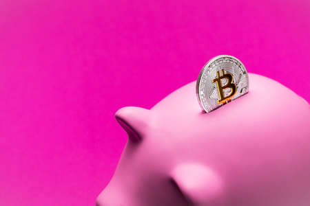 Close-up photo of bitcoin in pig moneybox with shallow depth of field. Bitcoin physical coin in pink piggy bank with copy space.の写真素材