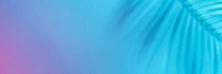 Minimalist flat lay photo of palm tree shadow with copy space. Blue to purple gradient background...