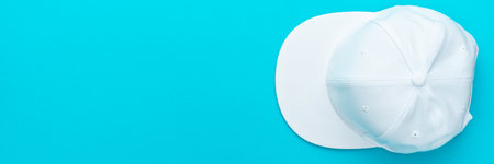 Minimalist flat lay photo of white cap with copy space. Top view of baseball cap over torquoise blue...