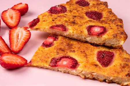 Sweet rice flour cake with strawberries. Homemade baking.の写真素材