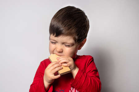 Little kid boy happily eats a crispy waffle. Happy baby and yummy.の写真素材