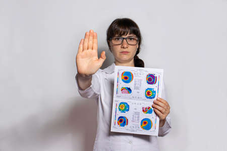 07.25.2020, Zarorizhzhya, Ukraine. Doctor ophthalmologist holds a corneal topography examination for...