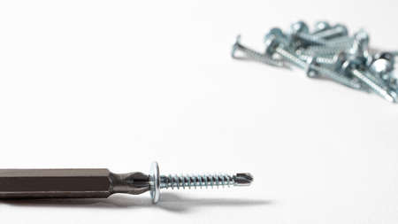 Self-cutters and screwdriver on a white background with space for text. Screw with thread - fasteners for construction, tools and accessories for repairの写真素材