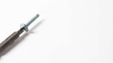 Self-cutters and screwdriver on a white background with space for text. Screw with thread - fasteners for construction, tools and accessories for repairの写真素材