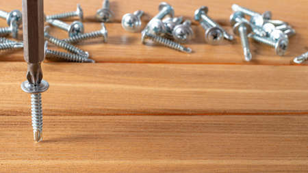 The screwdriver twists the self-cut into wooden boards. Construction tools, home repairs.