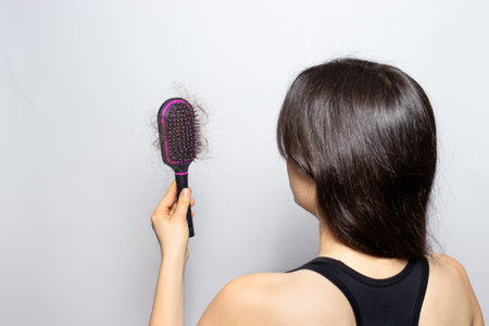 The girl holds a comb for hair with fallen hair. Hair loss, hair careの写真素材
