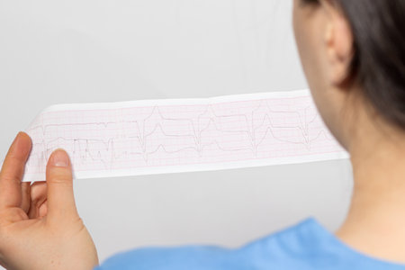 The cardiologist shows the film of an electrocardiogram of a patient with cardiac arrhythmia and bundle branch block. Heart and cardiovascular disease, cardiology and cardiography.の写真素材