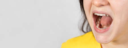 An angry aggressive woman screams with mouth open. A human cry at a child or a quarrel in the family. Anger and negative emotion with scream. Banner copy space textの写真素材