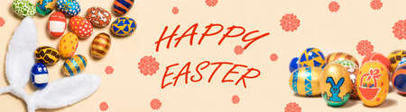 Easter banner with painted eggs, rabbit ears and easterly inscription Happy Easter on a light beige...