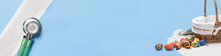 Light minimalistic Easter greeting banner in medical concept with place for text. Medicine and Easterの写真素材
