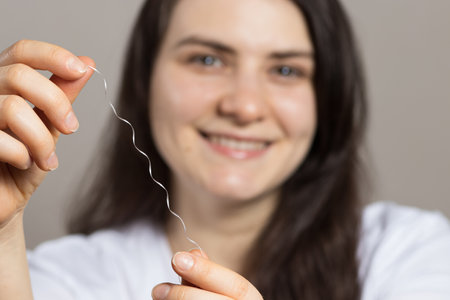 A brunette woman brushes her teeth with flossing. Oral hygiene, plaque removal and prevention of...