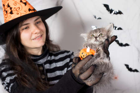 A woman in a witch costume holds a kitten and a candle in the form of a pumpkin. Halloween people and animals.の写真素材