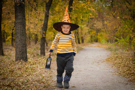 A preschool boy walks with a lantern in the Halloween autumn forestの写真素材