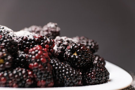 Blackberries sprinkled with sugar in a plate on a black background, close-up view from the side.の写真素材