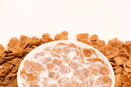 Cereal flakes drenched in milk in a plate, close-up. Healthy delicious dairy breakfasts for children...