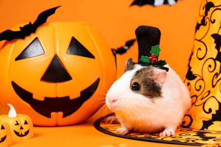 A white guinea pig sits near a pumpkin and a witch hat. Pets celebrate Halloweenの写真素材