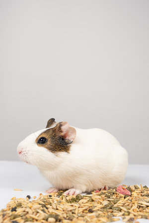A small guinea pig sits near the feed on a white background.