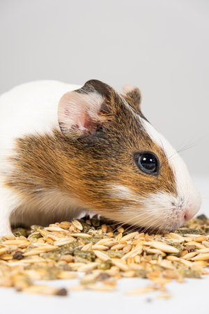 White-brown small guinea pig eats grain feed on a white background.